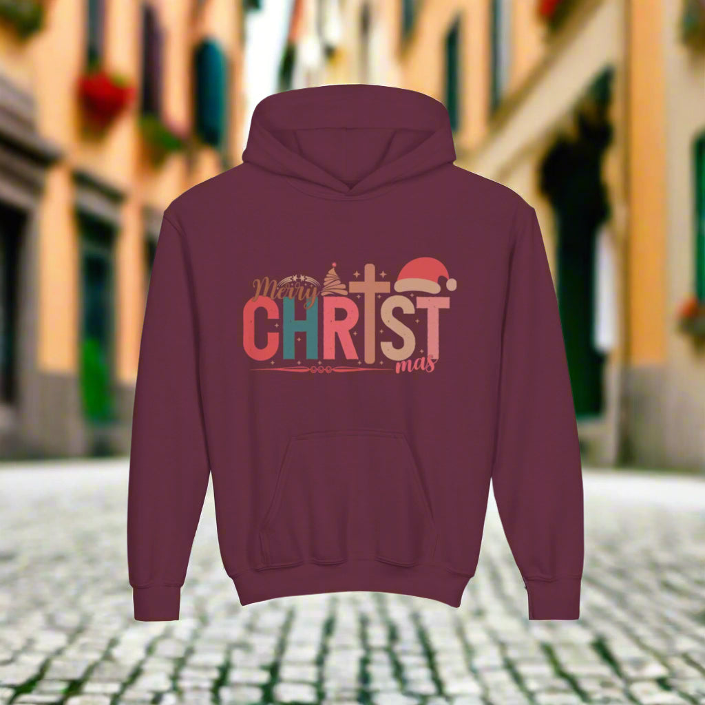 Youth Christmas Hoodie, Merry Christmas Sweatshirt, Holiday Gift for Kids, Cozy Winter Wear, Festive Hooded Sweatshirt