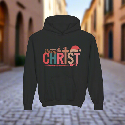 Youth Christmas Hoodie, Merry Christmas Sweatshirt, Holiday Gift for Kids, Cozy Winter Wear, Festive Hooded Sweatshirt