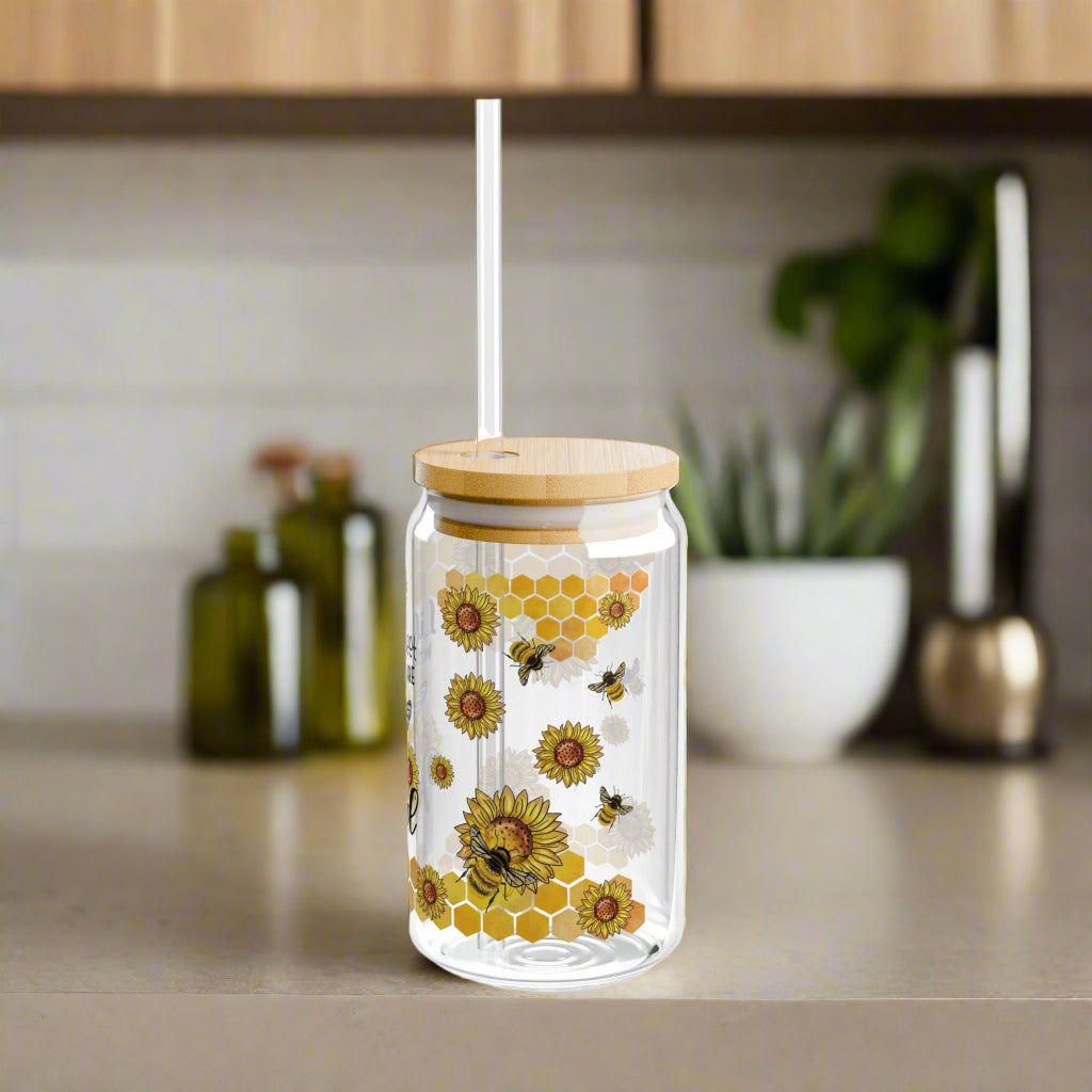 Kindness Themed Sipper Glass, 16oz - Inspirational Drinkware for Bee Lovers, Eco-Friendly Gift for Friends, Summer Picnics, or Home Decor