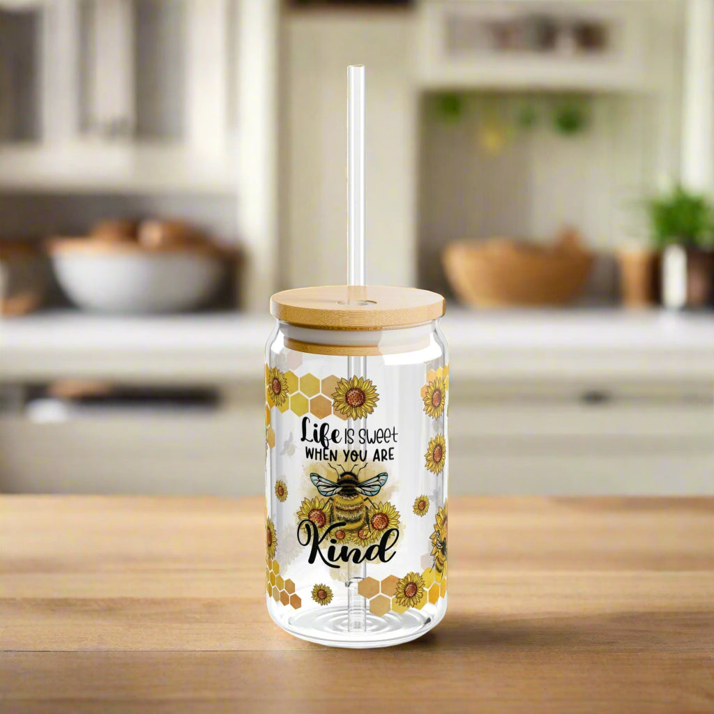 Kindness Themed Sipper Glass, 16oz - Inspirational Drinkware for Bee Lovers, Eco-Friendly Gift for Friends, Summer Picnics, or Home Decor