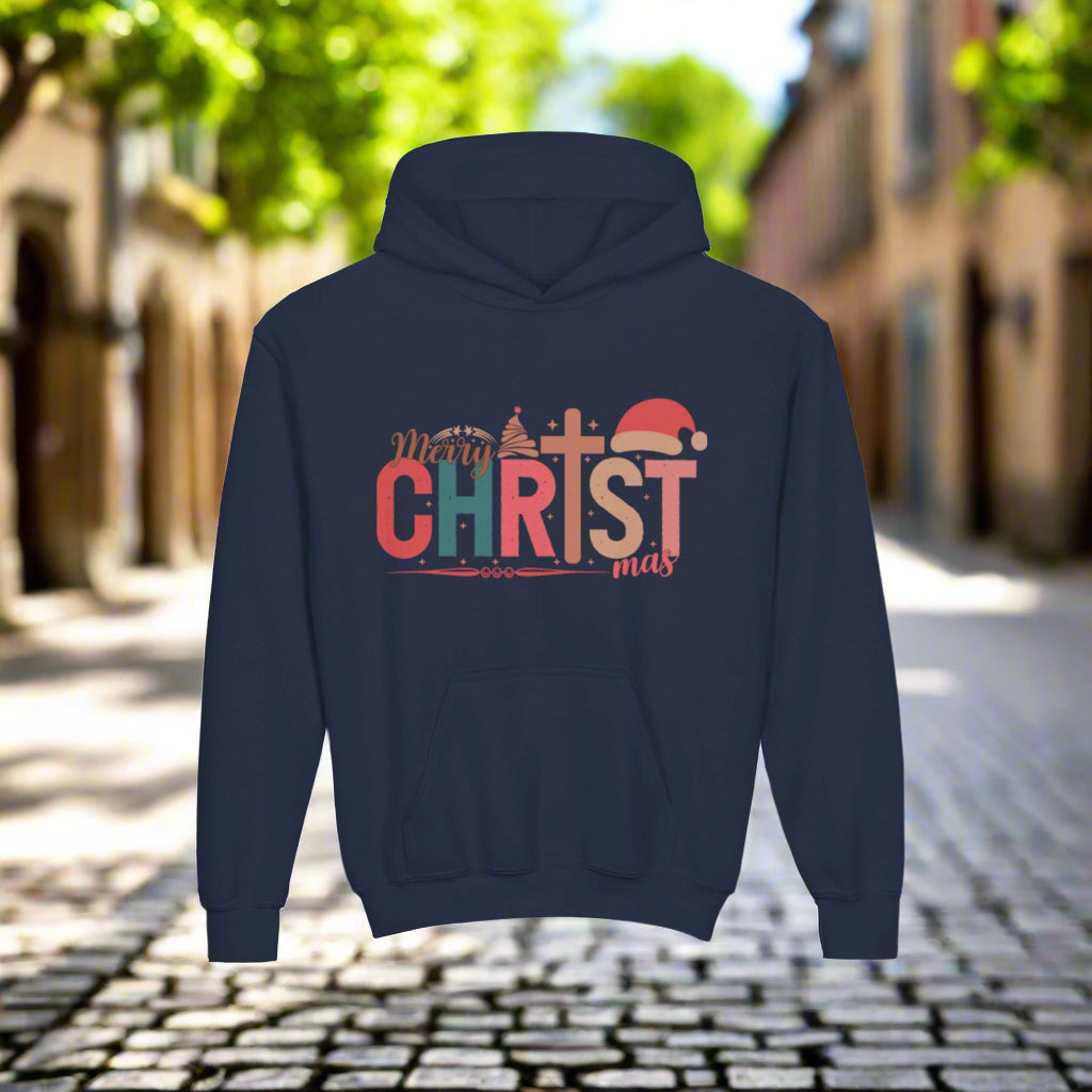 Youth Christmas Hoodie, Merry Christmas Sweatshirt, Holiday Gift for Kids, Cozy Winter Wear, Festive Hooded Sweatshirt