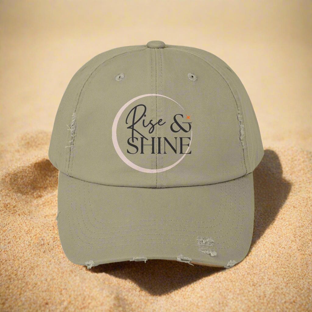 Unisex Distressed Cap, Rise & Shine Hat, Casual Cap, Gift for Her, Relaxed Style Hat, Everyday Accessory, Great for Summer