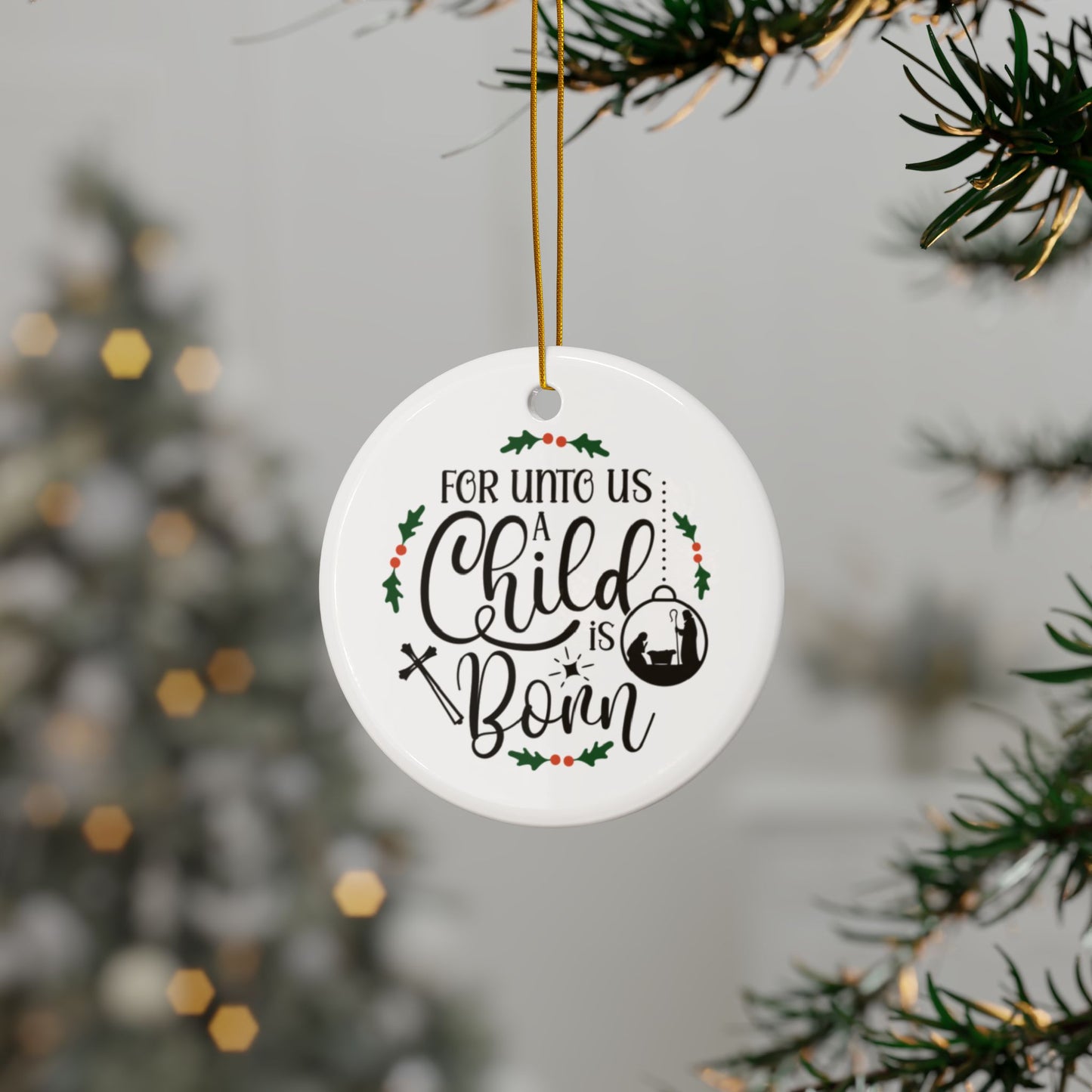 Christmas Ceramic Ornaments, Holiday Decor, Gift, Child is Born Design, 2-Sided Print, Set of 1, 3, 5, 10