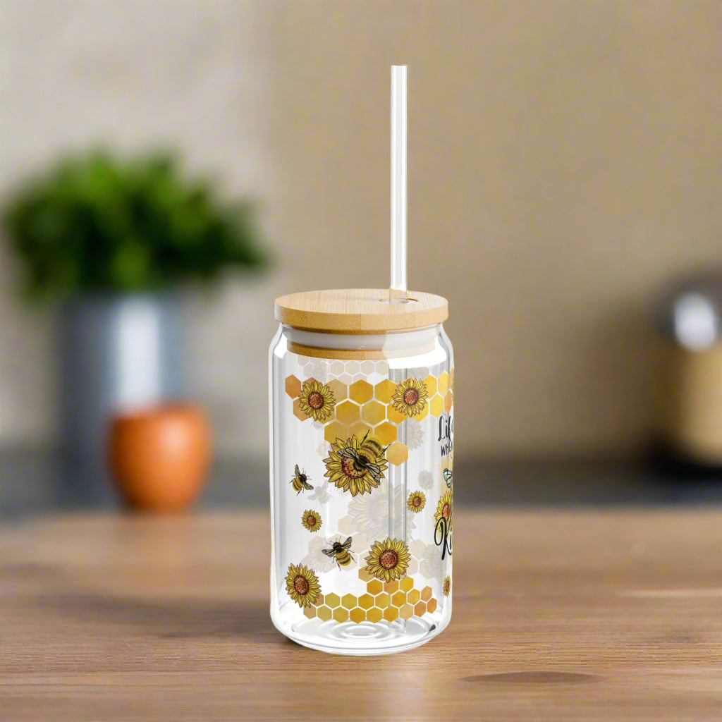 Kindness Themed Sipper Glass, 16oz - Inspirational Drinkware for Bee Lovers, Eco-Friendly Gift for Friends, Summer Picnics, or Home Decor