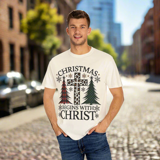 Christmas Begins with Christ T-Shirt, Unisex Holiday Tee, Christian Gift, Cozy Christmas Apparel, Religious T-Shirt