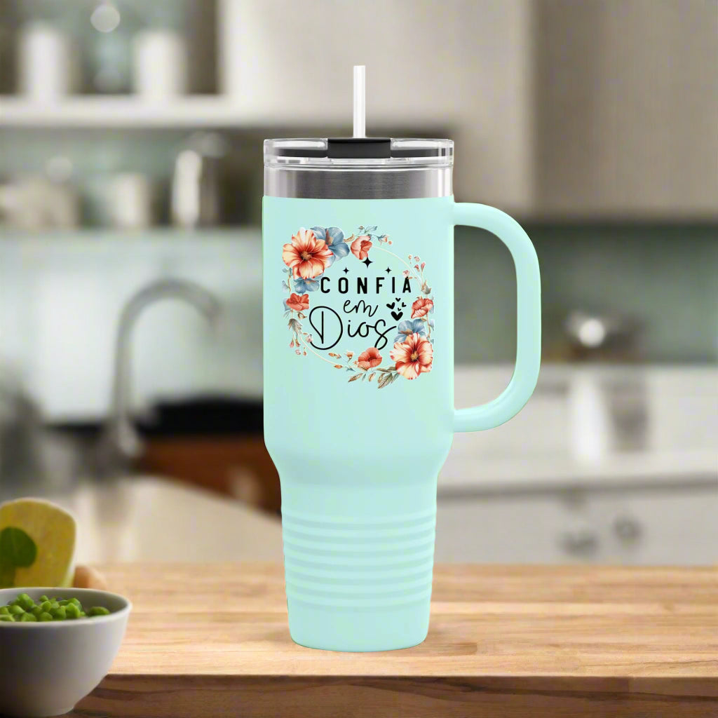 Taza de viaje con aislamiento floral, 40 oz - Taza de café motivacional, regalo perfecto para entusiastas de los viajes, taza de cita alentadora