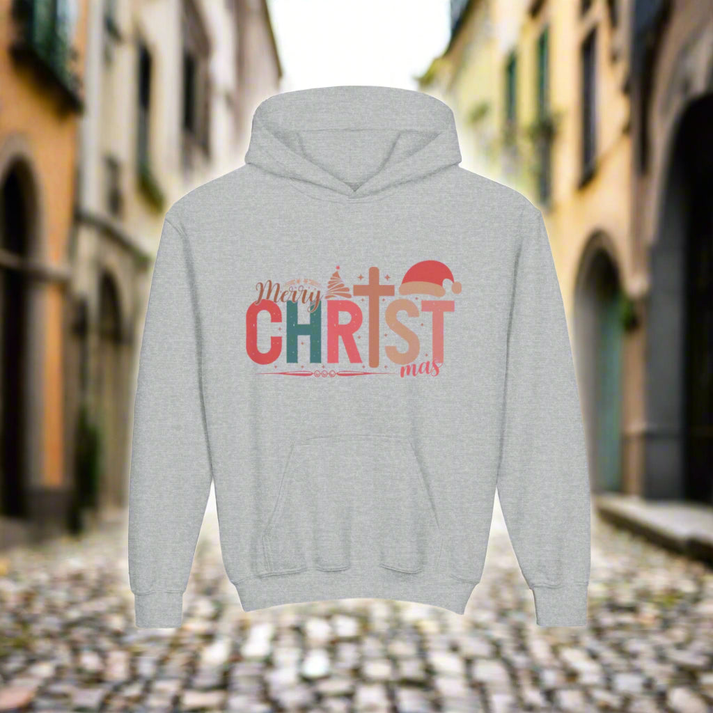 Youth Christmas Hoodie, Merry Christmas Sweatshirt, Holiday Gift for Kids, Cozy Winter Wear, Festive Hooded Sweatshirt