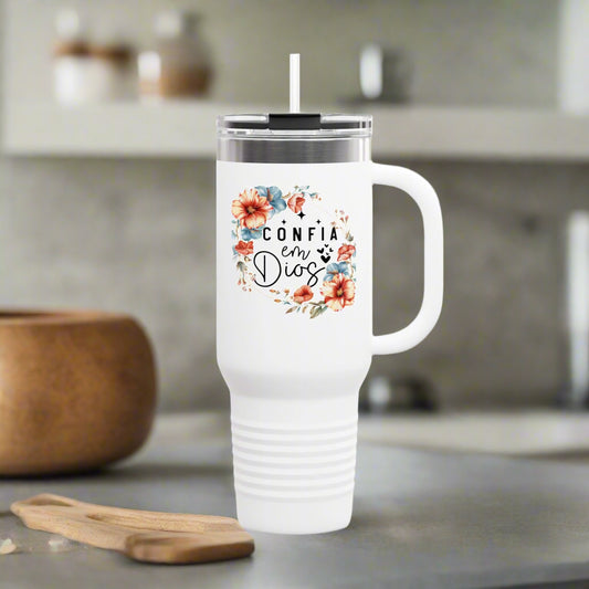 Taza de viaje con aislamiento floral, 40 oz - Taza de café motivacional, regalo perfecto para entusiastas de los viajes, taza de cita alentadora