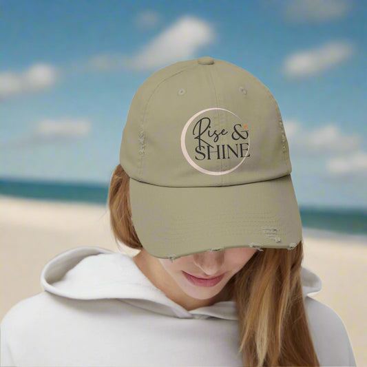 Unisex Distressed Cap, Rise & Shine Hat, Casual Cap, Gift for Her, Relaxed Style Hat, Everyday Accessory, Great for Summer