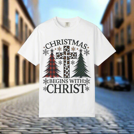Christmas Begins with Christ T-Shirt, Unisex Holiday Tee, Christian Gift, Cozy Christmas Apparel, Religious T-Shirt