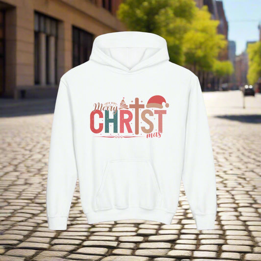 Youth Christmas Hoodie, Merry Christmas Sweatshirt, Holiday Gift for Kids, Cozy Winter Wear, Festive Hooded Sweatshirt