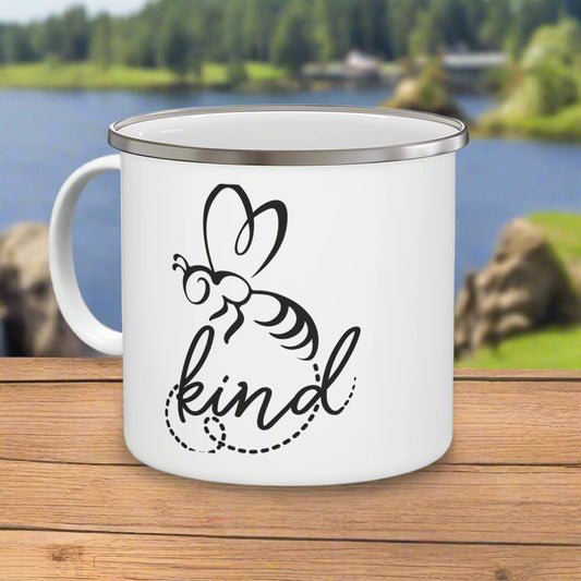 Kindness Camping Enamel Mug - Outdoor Adventure Drinkware, Gifts for Nature Lovers, Campfire Mug, Bee Design