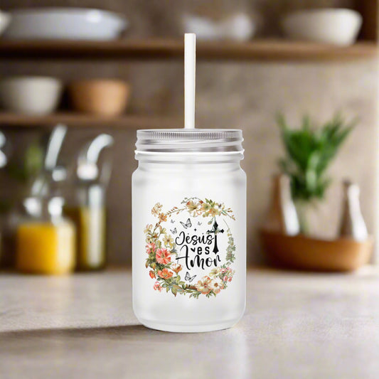 Tarro de albañil floral de Jesús - Vaso inspirador, taza de estilo vintage, decoración de granja, regalo perfecto para mamás, accesorios de cocina